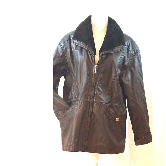 Donna Pelle Vintage Brown Leather Coat Faux Fur Collar Size S - Picture 3 of 16